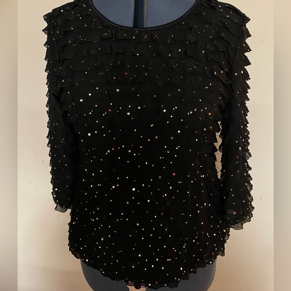 Jet Black Fancy crepe-ish fabric Top with sequins & small ruffles, lightweight - Picture 1 of 9